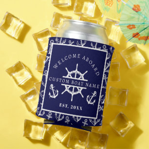 Welcome Aboard Nautical Navy Blue Boat anchor Can Cooler