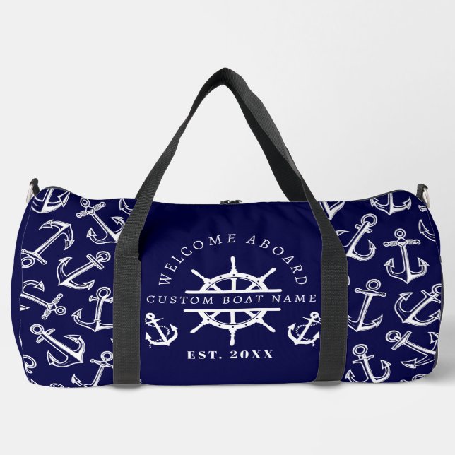 Welcome Aboard Nautical Navy Blue Boat anchor Duffle Bag (Front)