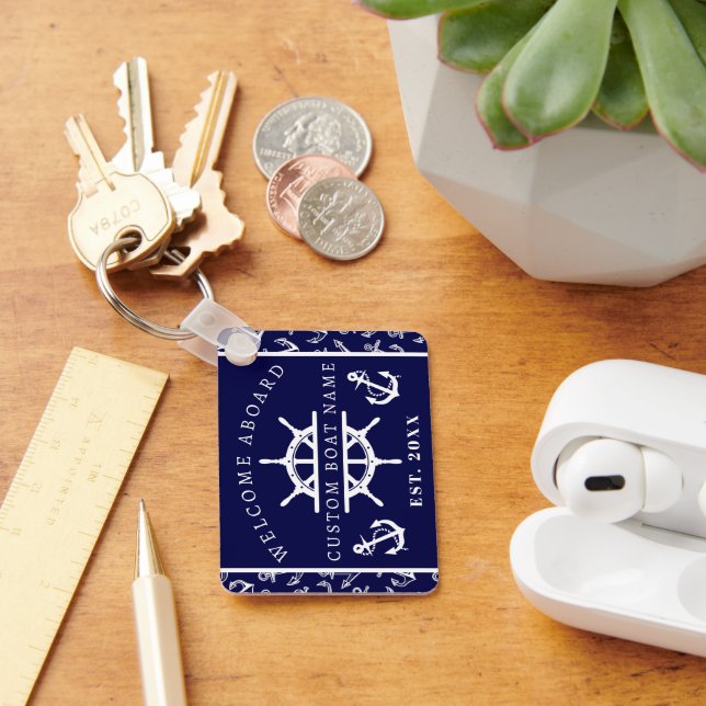 Welcome Aboard Nautical Navy Blue Boat anchor Key Ring (Desk)