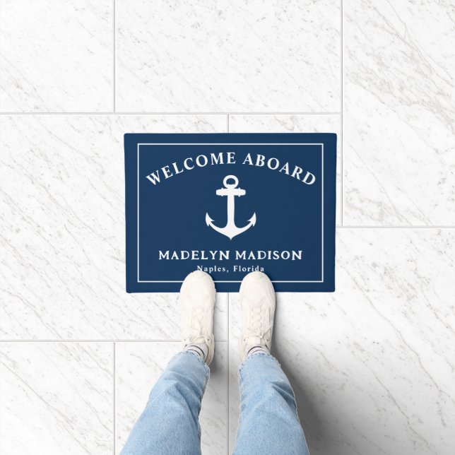 Welcome Aboard Nautical Navy Blue Boat Name Anchor Doormat (Indoor)
