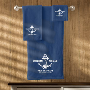 Welcome Aboard Nautical Navy Blue Boat Name Bath Towel Set