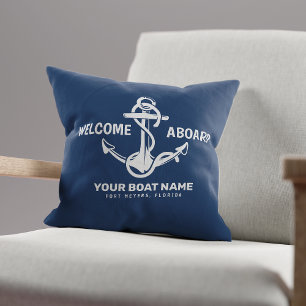 Welcome Aboard Nautical Navy Blue Boat Name Cushion
