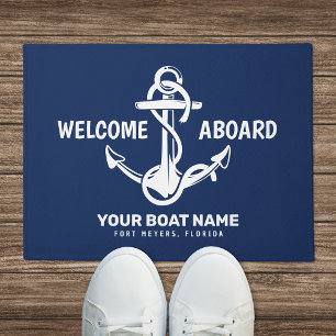 Welcome Aboard Nautical Navy Blue Boat Name Doormat
