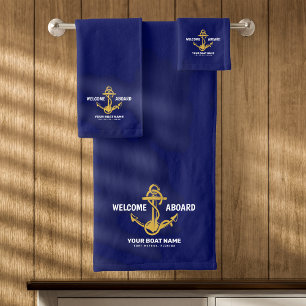 Welcome Aboard Nautical Navy Blue & Gold Boat Name Bath Towel Set
