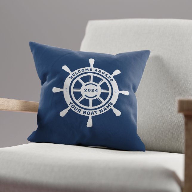 Welcome Aboard Navy Blue Custom Boat Name Cushion (Creator Uploaded)