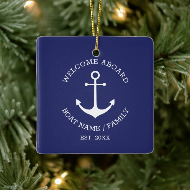 Welcome Aboard navy blue custom nautical anchor  Ceramic Ornament (Tree)