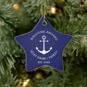 Welcome Aboard navy blue custom nautical anchor Ceramic Tree Decoration