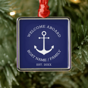Welcome Aboard navy blue custom nautical anchor Metal Tree Decoration