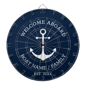Welcome Aboard navy blue nautical anchor boat name Dartboard