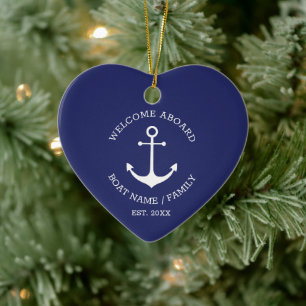 Welcome Aboard navy white custom nautical anchor Ceramic Tree Decoration