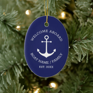 Welcome Aboard navy white custom nautical anchor  Ceramic Tree Decoration