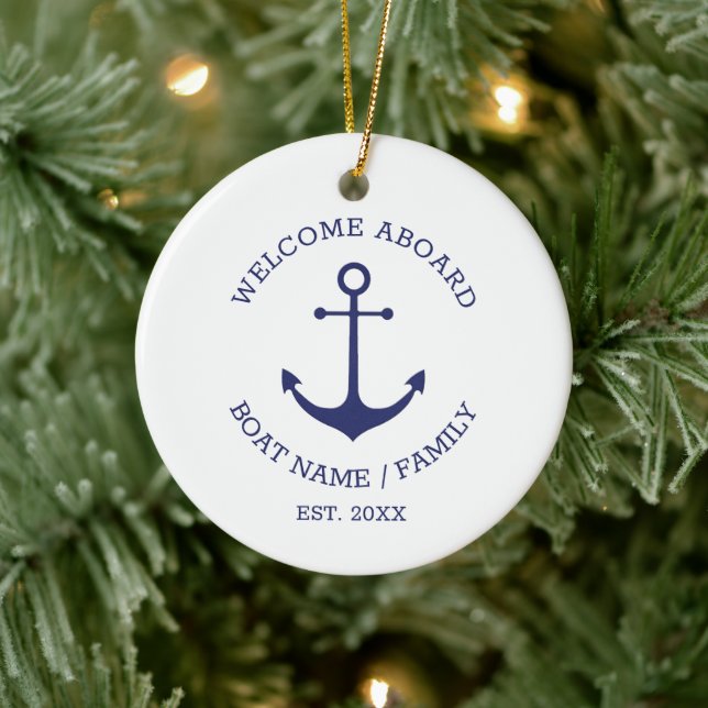 Welcome Aboard navy white custom nautical anchor Ceramic Tree Decoration (Tree)