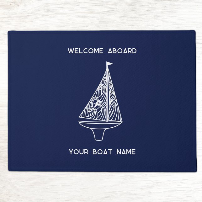 Welcome Aboard Sailing Boat Name Doormat (Welcome aboard your boat name custom text sailing boat or yacht doormat)