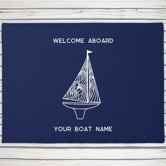 Welcome Aboard Sailing Boat Name Doormat (Welcome aboard your boat name custom text sailing boat or yacht doormat)