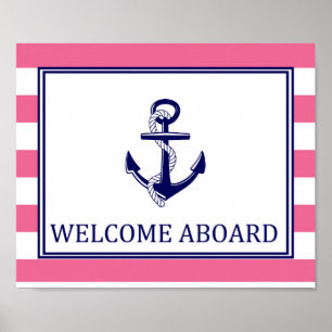 Welcome Aboard - Sign - Pink Navy Nautical