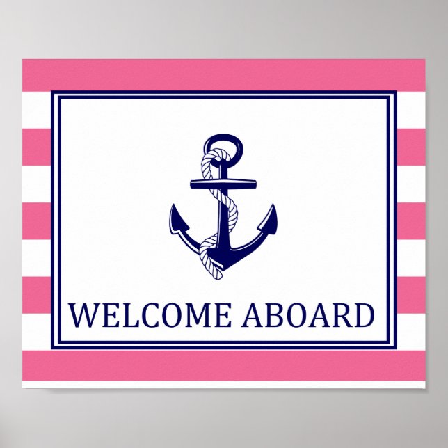 Welcome Aboard - Sign - Pink Navy Nautical (Front)