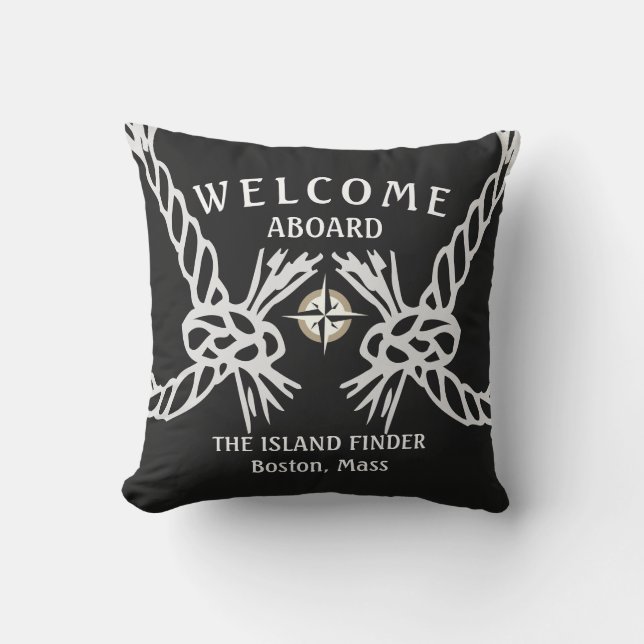 Welcome Aboard The Boats Name Black and White Cushion (Front)