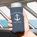 Welcome Aboard Vintage Nautical Anchor Boat Name Seltzer Can Cooler<br><div class="desc">"Welcome Aboard",  Your personalized boat name tall can cooler featuring a unique vintage boat anchor in white on a stylish navy blue gray.</div>