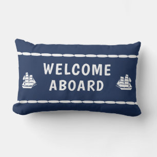 Welcome Aboard white Boats  Blue Lumbar Pillow