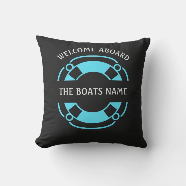 Welcome Aboard with Personalised Boats Name Black Cushion (Front)