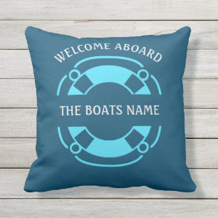 Welcome Aboard with Personalised Boats Name Blue Cushion