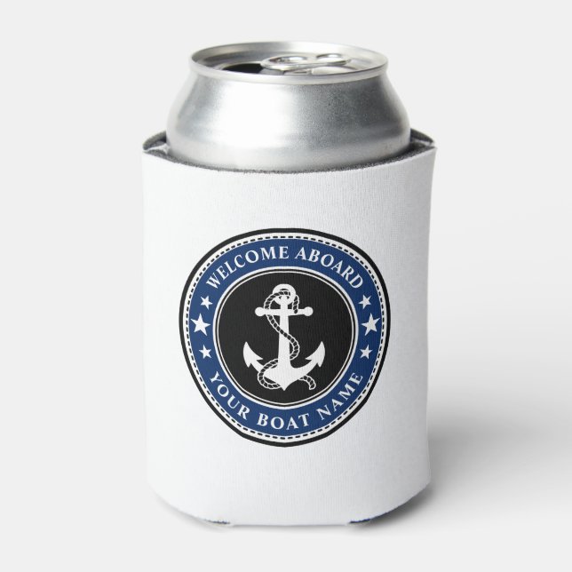 Welcome Aboard Your Boat Name Anchor Stars Navy Can Cooler (Can Front)