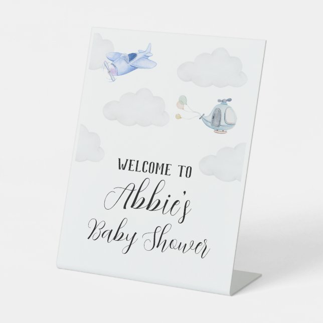 welcome aeroplane theme baby shower pedestal sign (Front)
