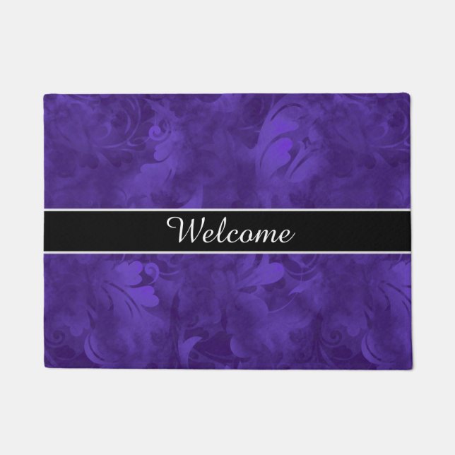 Welcome Amethyst Purple Feather Pattern Doormat (Front)