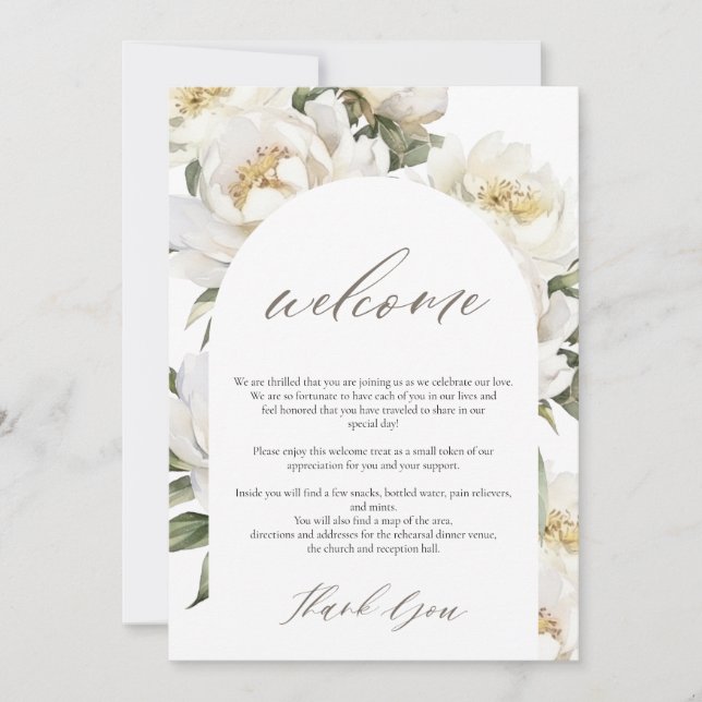 Welcome and Itinerary Wedding White Peony  Invitation (Front)