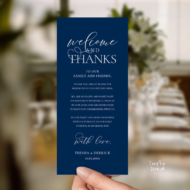 "Welcome and Thanks" Classy Reception Guest Card ("Welcome and Thanks" Classy Wedding Romantic Reception Guest Card in navy blue)