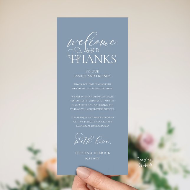 "Welcome and Thanks" Classy Reception Guest Card ("Welcome and Thanks" Classy Wedding Romantic Reception Guest Card in dusty blue)