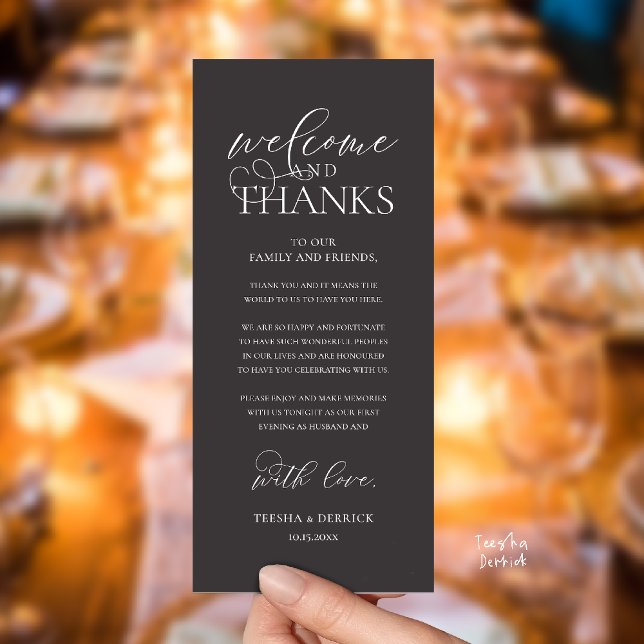 "Welcome and Thanks" Classy Reception Guest Card ("Welcome and Thanks" Classy Wedding Romantic Reception Guest Card in charcoal grey)