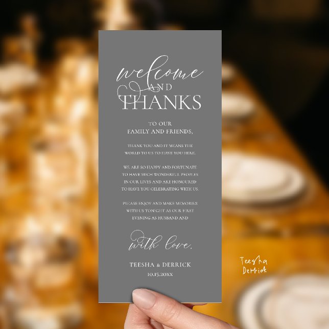 "Welcome and Thanks" Classy Reception Guest Card ("Welcome and Thanks" Classy Wedding Romantic Reception Guest Card in dark grey)