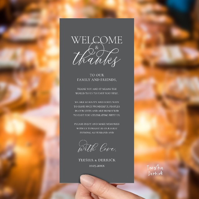 "Welcome and Thanks" Elegant Reception Guest Card ("Welcome and Thanks" Elegant Wedding Reception Guest Thank you Card in Dark Grey)