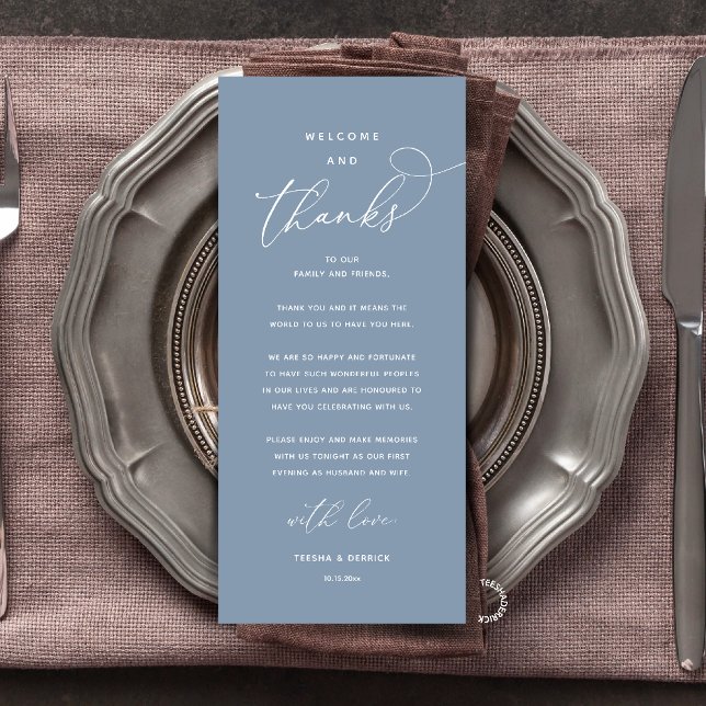 "Welcome and Thanks" Elegant Reception Guest Card (Modern Elegant Wedding Reception "Welcome and Thanks" Table Card for Guest in Dusty Blue)