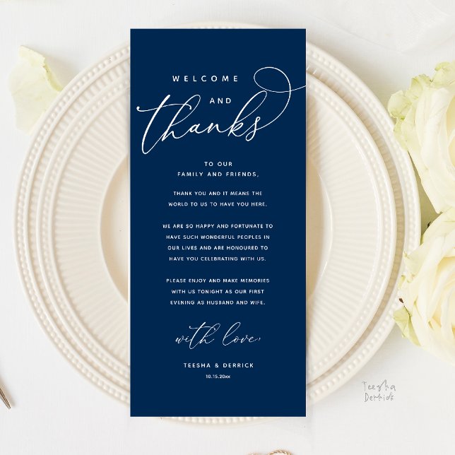 Welcome and Thanks, Modern Dinner Thank You Card (Welcome and Thanks, Modern Dinner Wedding Boho Reception Thank You Card in Navy Blue)