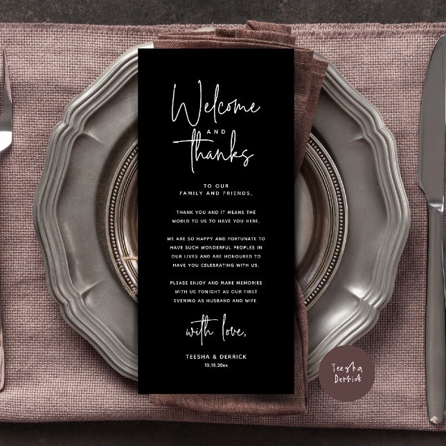 Welcome and Thanks Place Setting Thank You Card (Welcome and Thanks Modern Wedding Dinner Place Setting Thank You Card in Classy Black)