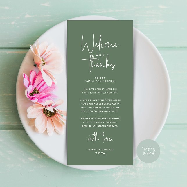 Welcome and Thanks Place Setting Thank You Card (Welcome and Thanks Modern Wedding Dinner Place Setting Thank You Card in Sage Green)