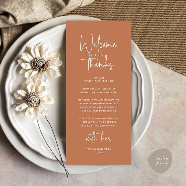 Welcome and Thanks Place Setting Thank You Card (Welcome and Thanks Modern Wedding Dinner Place Setting Thank You Card in Terracotta Copper Brown)