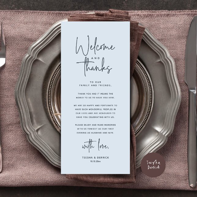 Welcome and Thanks Place Setting Thank You Card (Welcome and Thanks Modern Wedding Dinner Place Setting Thank You Card in Misty Blue)