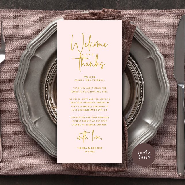 Welcome and Thanks Place Setting Thank You Card (Welcome and Thanks Modern Wedding Dinner Place Setting Thank You Card in Gold Blush)