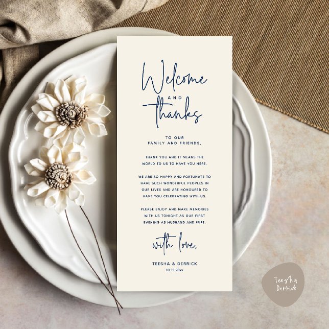 Welcome and Thanks Place Setting Thank You Card (Welcome and Thanks Modern Wedding Dinner Place Setting Thank You Card in Navy Blue Ivory)