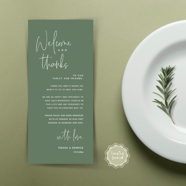 Welcome and Thanks, Place Setting Thank You Card (Welcome and Thanks, Dinner Place Setting Thank You Card, Modern Romantic, in Forest Sage Green)