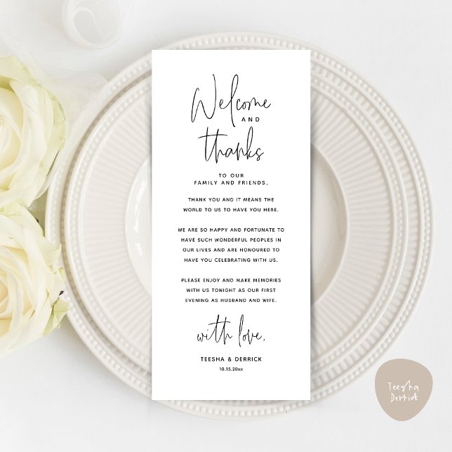 Welcome and Thanks, Place Setting Thank You Card (Wedding Dinner Place Setting Thank You Card, Modern Minimalist, in Black and White)