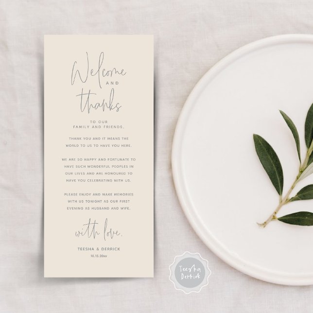 Welcome and Thanks, Place Setting Thank You Card (Wedding Dinner Place Setting Thank You Card, Modern Minimalist, in Grey and Cream)