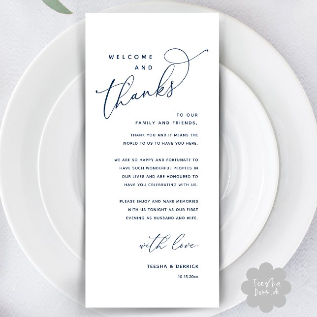 Welcome and Thanks, Place Setting Thank You Card (Welcome and Thanks, Wedding Dinner Place Setting Thank You Card in Classy navy Blue)