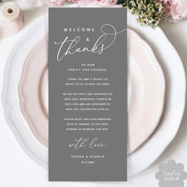 Welcome and Thanks, Place Setting Thank You Card (Welcome and Thanks, Wedding Dinner Place Setting Thank You Card in Dark Grey)