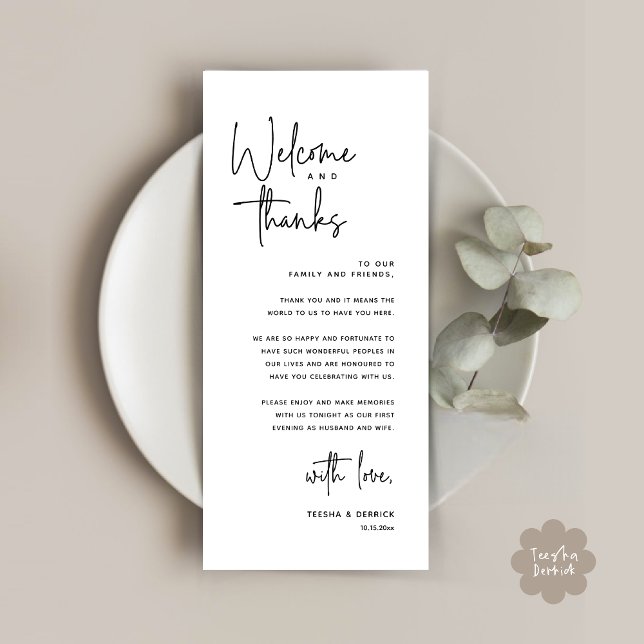 Welcome and Thanks, Place Setting Thank You Card (Welcome and Thanks, Modern Wedding Dinner Brunch Lunch Place Setting Thank You Card in White Black)