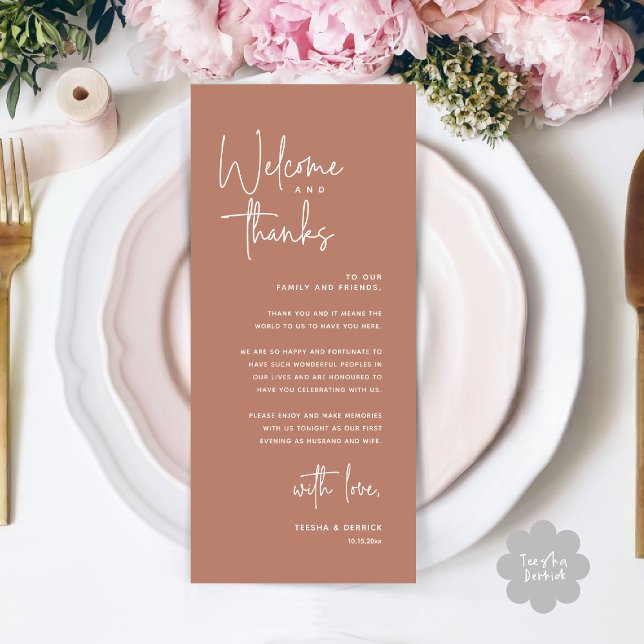 Welcome and Thanks, Place Setting Thank You Card (Welcome and Thanks, Modern Wedding Dinner Brunch Lunch Place Setting Thank You Card in Terracotta)