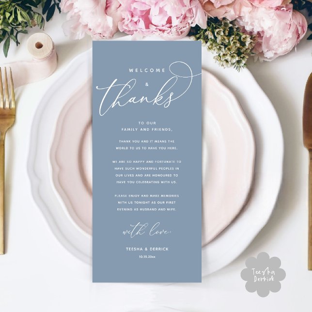 Welcome and Thanks, Place Setting Thank You Card (Welcome and Thanks, Modern Wedding Dinner Brunch Lunch Place Setting Thank You Card in Dusty Blue)
